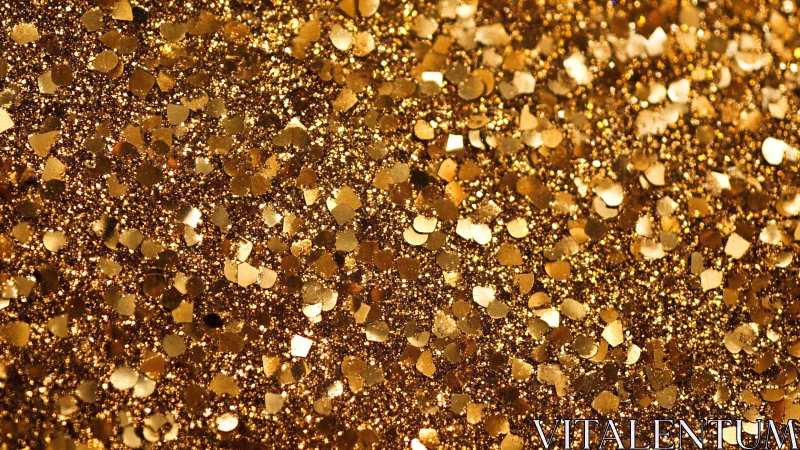 Gold metallic glitter particles form dense reflective surface