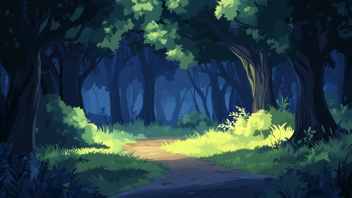 Forest pathway under dense canopy with illuminated clearing