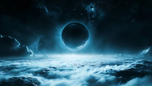 Midnight sphere rising above a storm-washed alien sea.