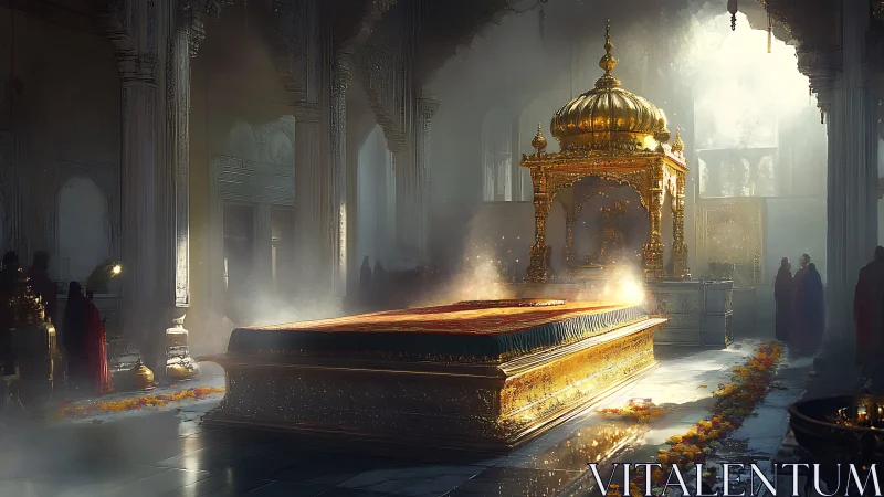 Golden shrine glows in misty temple hall of quiet devotion.