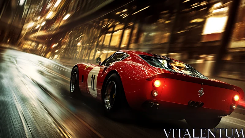 Red vintage race car on wet urban street at night.