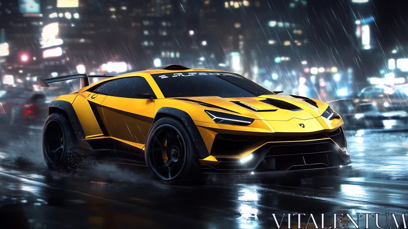 Yellow supercar cuts through neon city street during rainfall