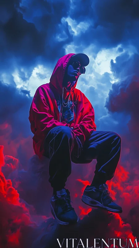 Hooded dreamer floating through electric blue and red clouds.