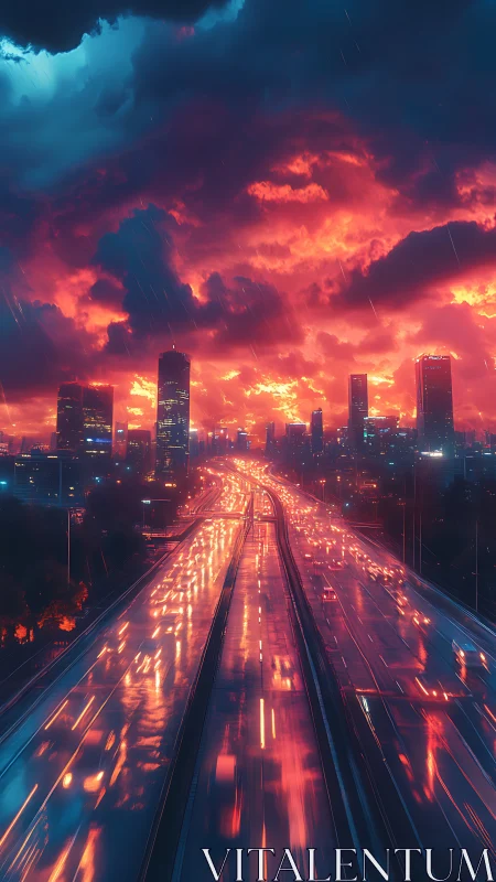 Neon-soaked highway glows beneath a burning storm sky.