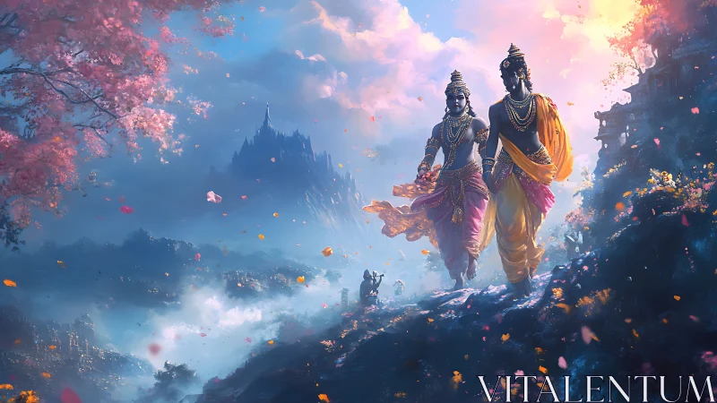 Divine figures crossing luminous mythic mountain landscape.