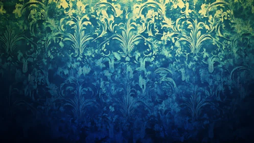 Ornate teal damask gradient with textured floral scrollwork.