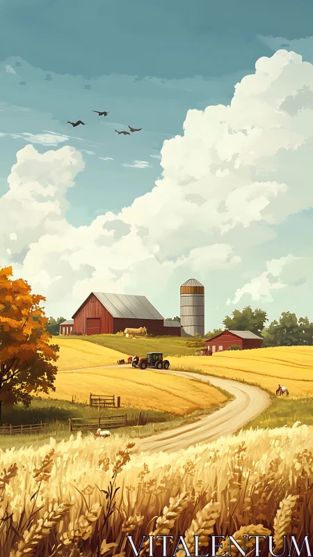 Sunlit wheat hills cradle a red barn beneath towering clouds.