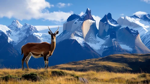 Guanaco stands before jagged snowcapped Patagonian peaks.