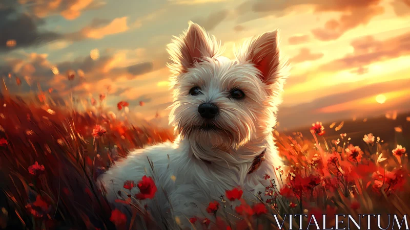 Small white dog in sunset field of red wildflowers.