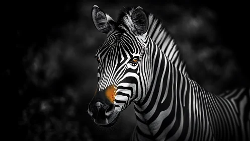Zebra portrait with glowing orange eyes on dark background.