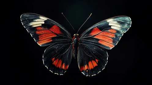 Nocturne wings unfold in crimson, ivory and midnight shadow.