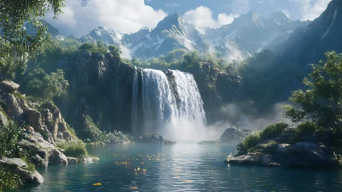 Digital mountain waterfall oasis under bright morning light.