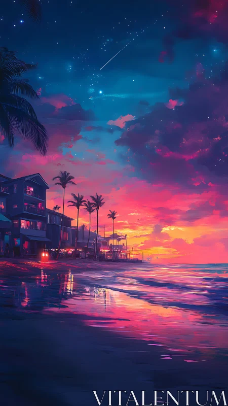 Dreamy neon sunset glows over a peaceful tropical shoreline