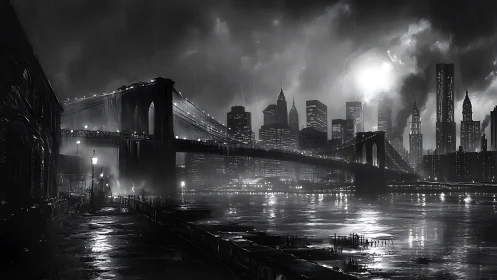 Noir urban riverscape renders rain-soaked bridge and skyline