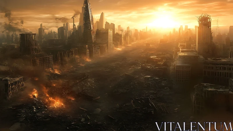 Sunset illuminates a ruined post apocalyptic cityscape in ash.