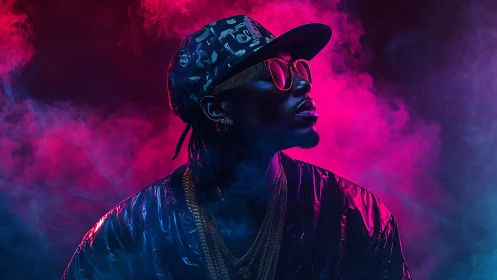Neon-drenched hip-hop icon drifting through electric haze.
