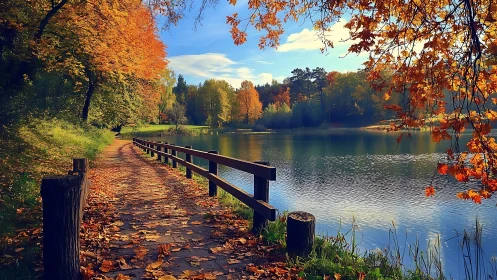 Lakeside path runs beside calm water under dense autumn foliage