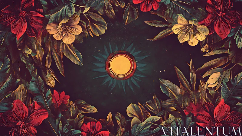 Floral wreath encircles glowing golden sun at center.