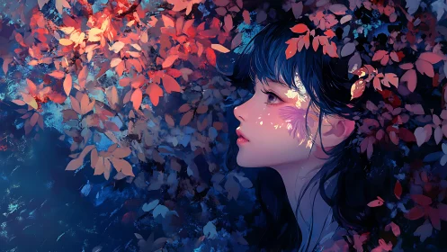 Chromatic side-profile portrait immersed in luminous foliage.