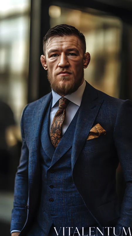 Bearded businessman in blue suit radiates bold urban confidence