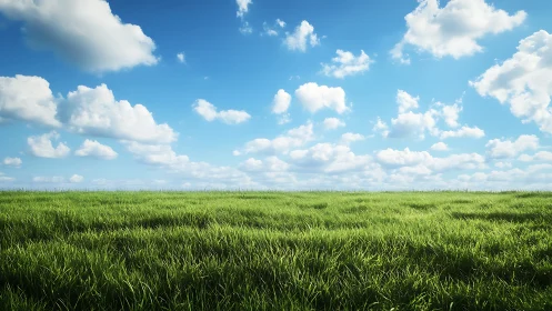 Grassy field extends under scattered cumulus clouds and blue sky