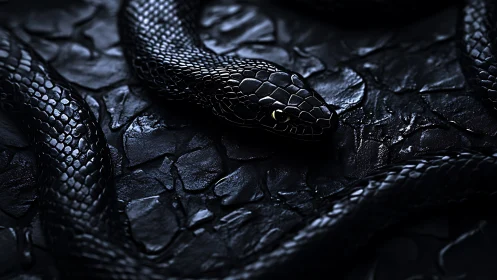 Glossy black serpent coiled on wet stone in dramatic low key