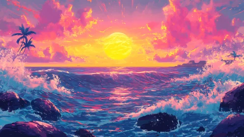 Sunset illuminates stylized tropical seascape with crashing waves
