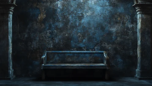 Stone bench against textured blue wall between pillars.