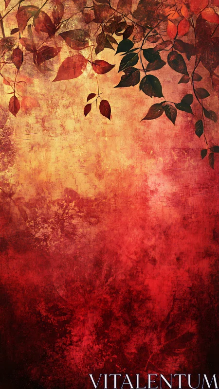 Autumn foliage silhouette overlays a textured crimson gradient field