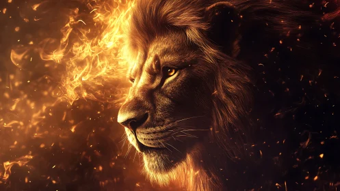 Regal lion profile wreathed in blazing abstract firestorm.