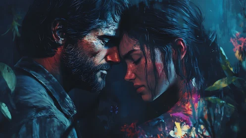 Two digital portraits meet in close profile against blue light