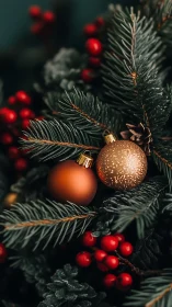 Gold and copper ornaments on evergreen Christmas branches.