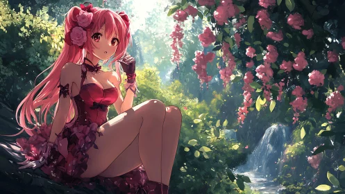 Rose-haired anime girl resting in luminous forest glade.