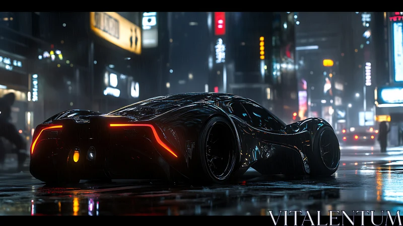 Aerodynamic cybercar in neon drenched nocturnal megacity street.