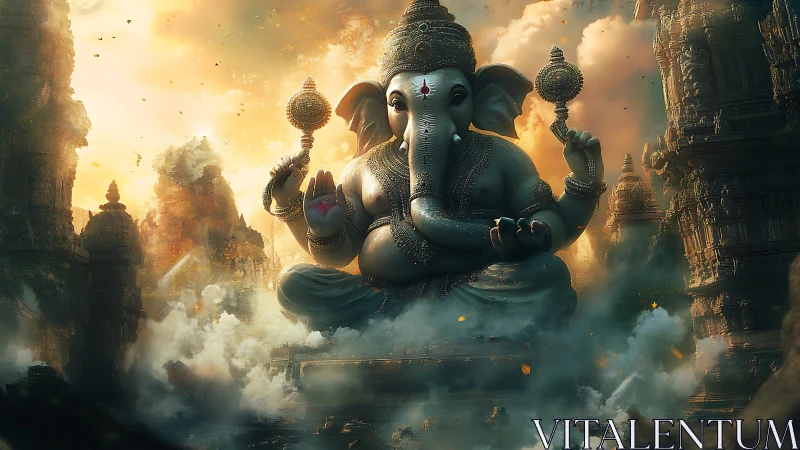 Colossal Ganesha deity amid misted stone temples at sunrise