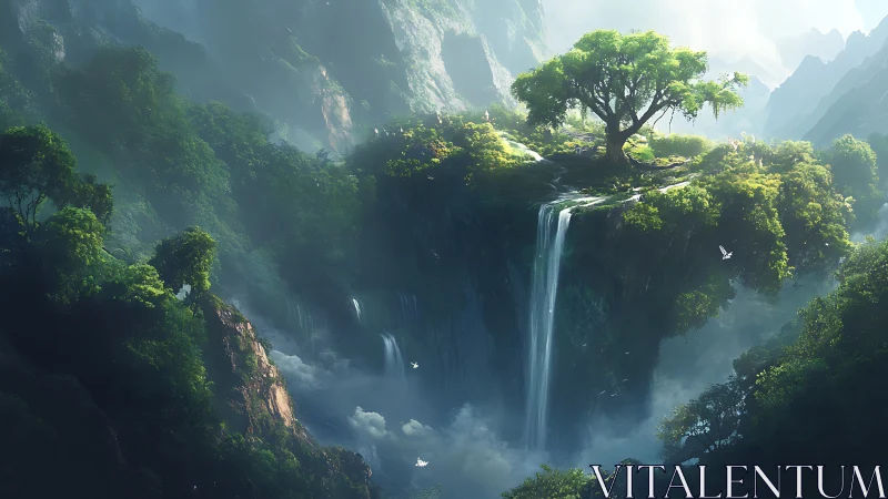 Misty Canyon Paradise with Majestic Waterfall.