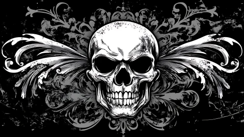 Grim skull illustration with ornate swirling flourishes.