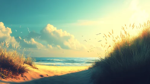 Sunlit beach path opening onto a peaceful glowing sea.