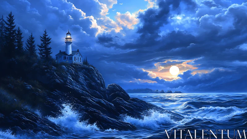 Moonlit lighthouse guiding waves along a stormy blue coast.