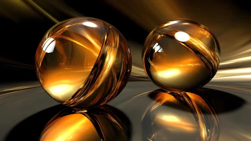 Luminous amber glass spheres on reflective chrome surface.