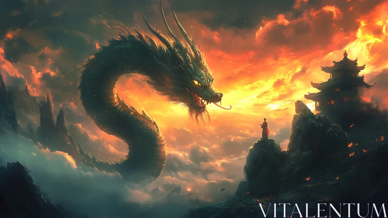 Serpentine dragon confronts lone figure over misty mountains