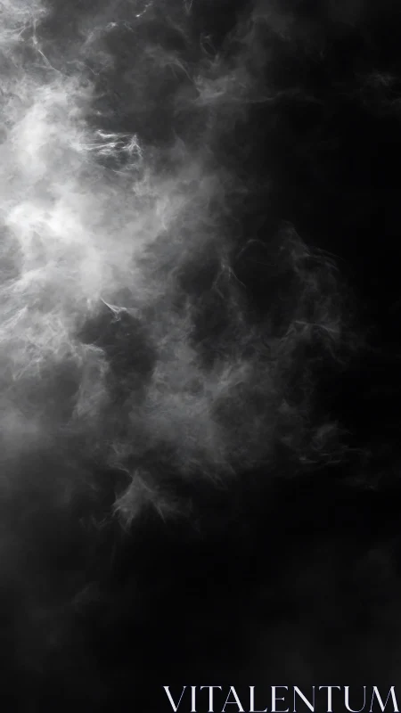 Luminous white smoke swirls dramatically in deep darkness