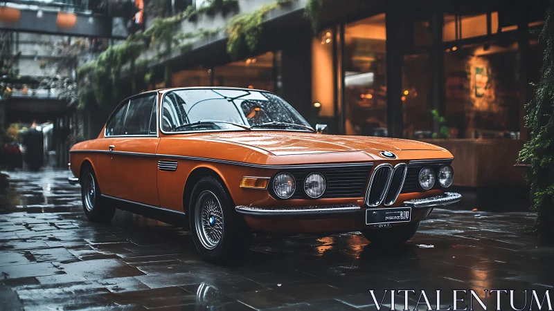 Photorealistic vintage BMW coupé on wet urban street scene.