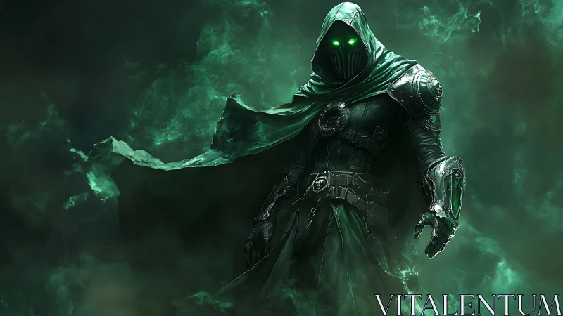 Hooded spectral warrior emerges from swirling emerald mist
