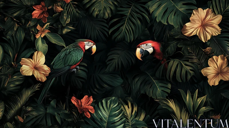 Twin jungle macaws whisper in lush hibiscus twilight.