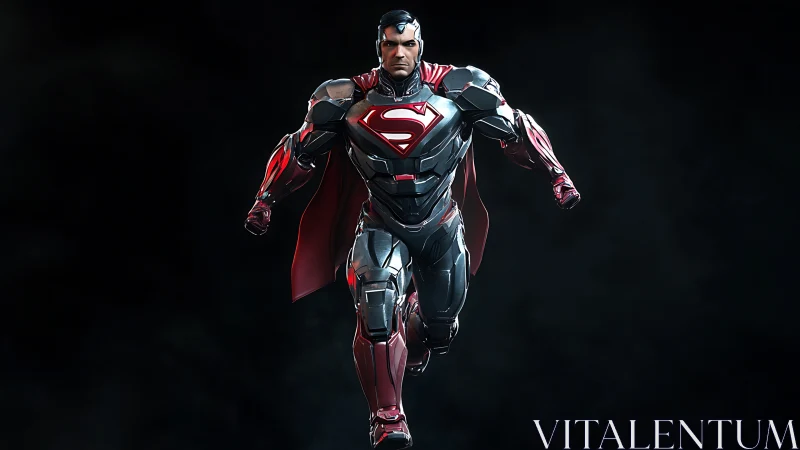 Armored red-caped superhero rendered in dynamic 3D motion.