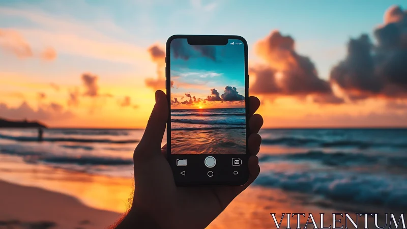 Smartphone captures seascape at sunset with vivid sky tones.