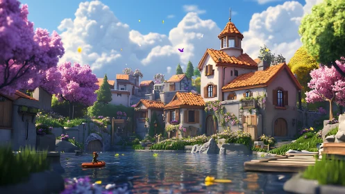 Stylized village landscape with architectural structures and water.