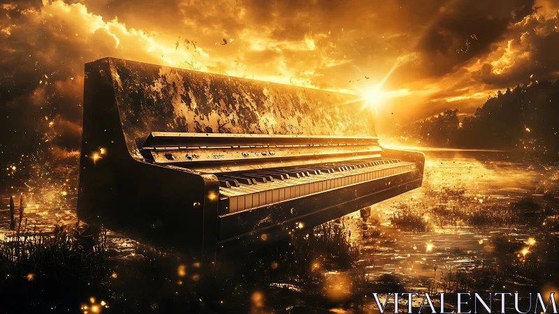 Sunlit abandoned piano glows over molten golden lake