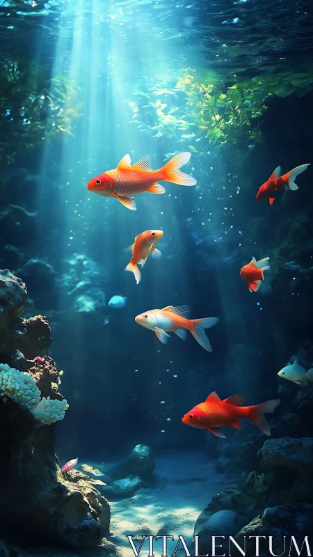 Sunlit goldfish drift like lanterns in a blue cathedral